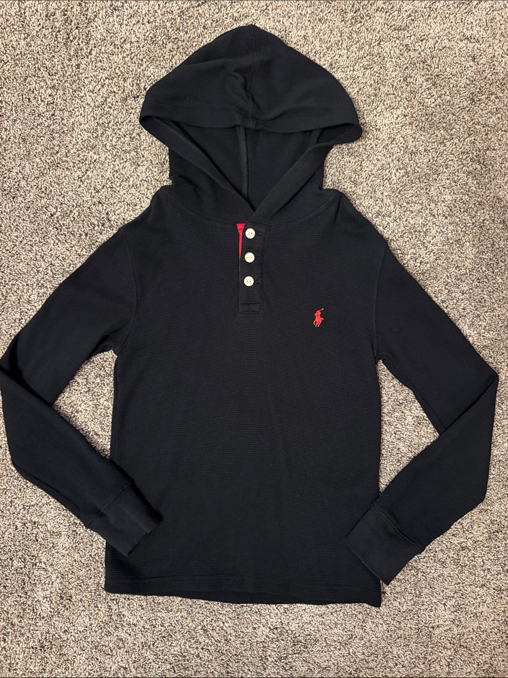 Polo by Ralph Lauren Kids Black Hooded Waffle Henley with Red Logo